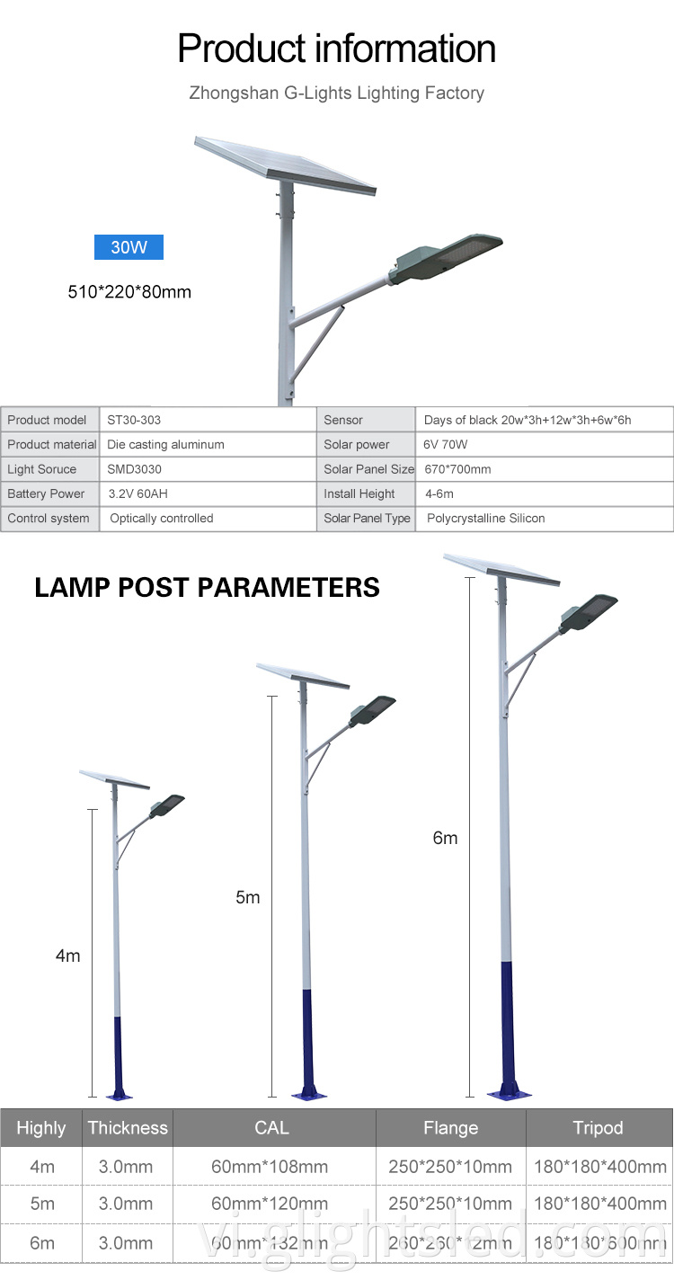 Chất lượng cao đúc nhôm nhôm ngoài trời SMD Waterproof IP65 30W LED Solar LED Đèn đường phố